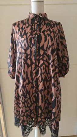 Damen Blusenkleid gemustert mit Spitze schwarz braun M - XL
