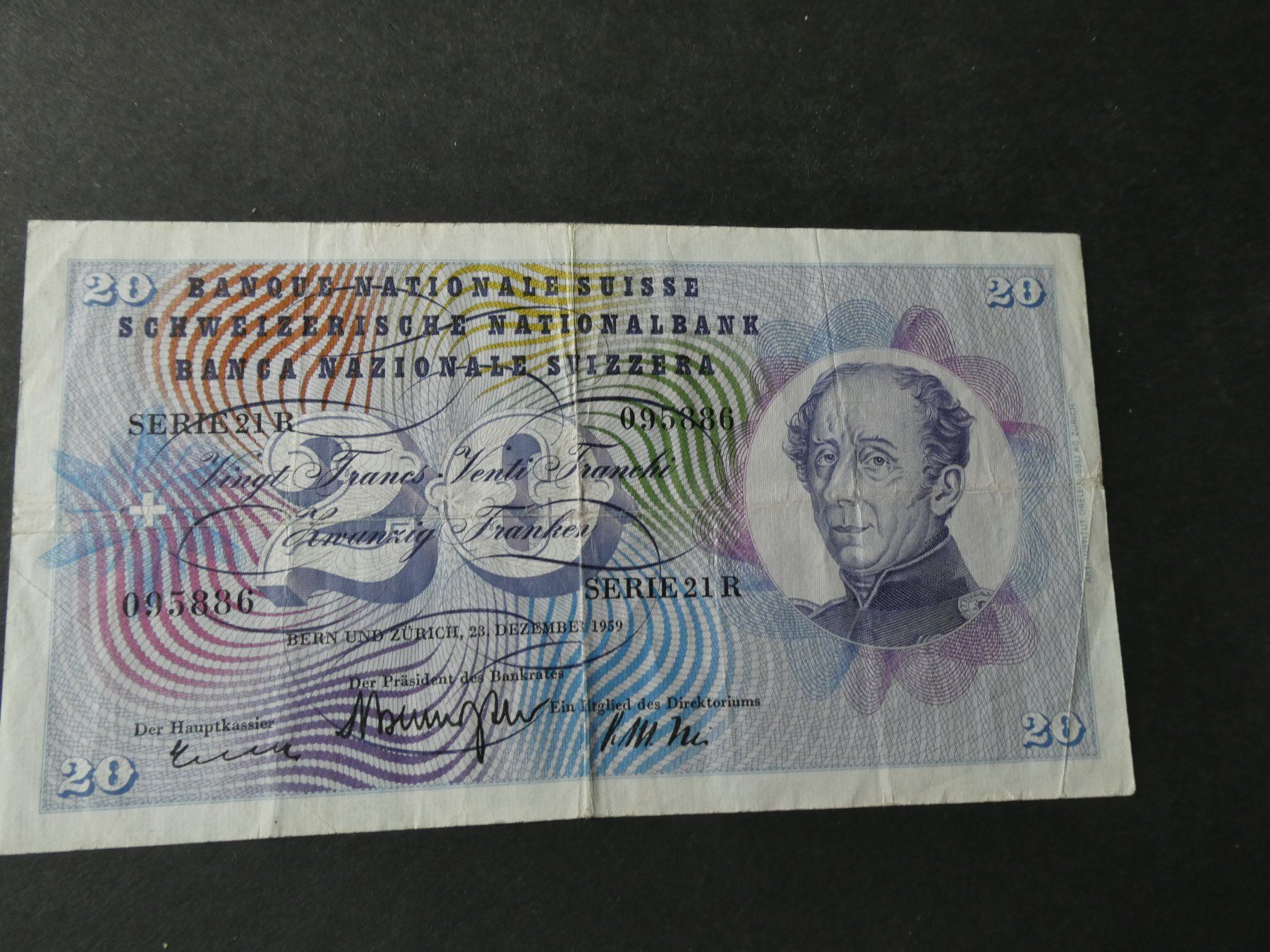 Banknoten: Schweiz 1959, 20 Franken – Gebraucht aus Hinterforst von Rohusri