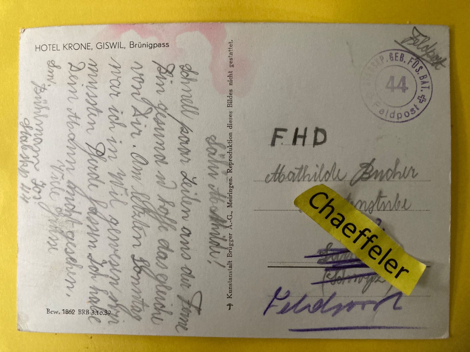 Cartoline postali: Hotel Krone, Giswil, Brünigpass – Difettoso da Zürich venduto da Chaeffeler 2