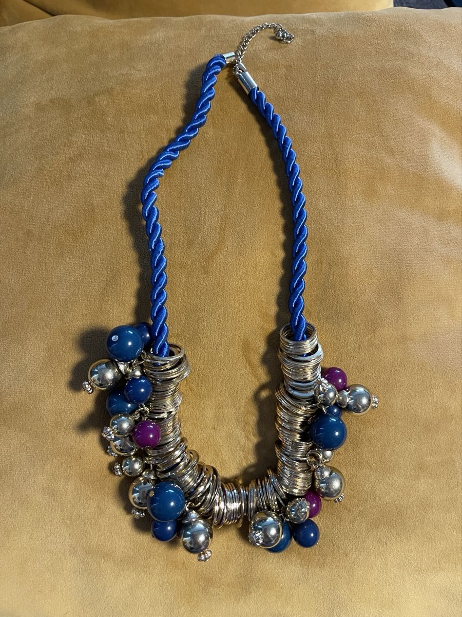 Catenine: Statement Necklace - Blue Cord & Silver Beads - Bold Style – Usato da Stäfa venduto da sun_979v
