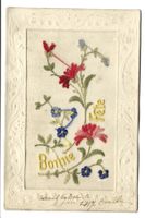 Seidenkarte - gestickt - Bonne Fête - Blumen-Motive - 1917