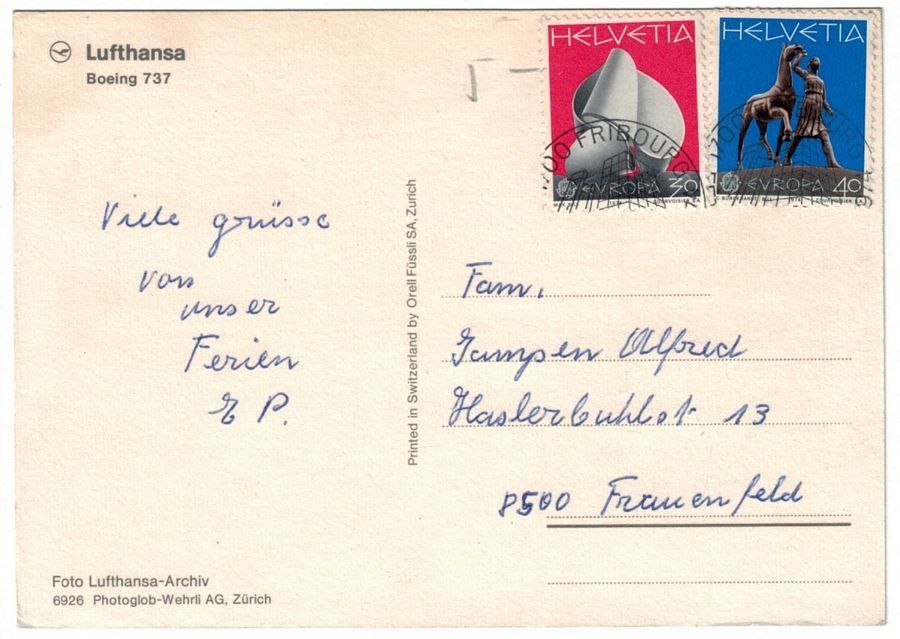 Cartoline postali: Boeing 737 Lufthansa, gelaufen 1974 – Usato da Frauenfeld venduto da POML 1