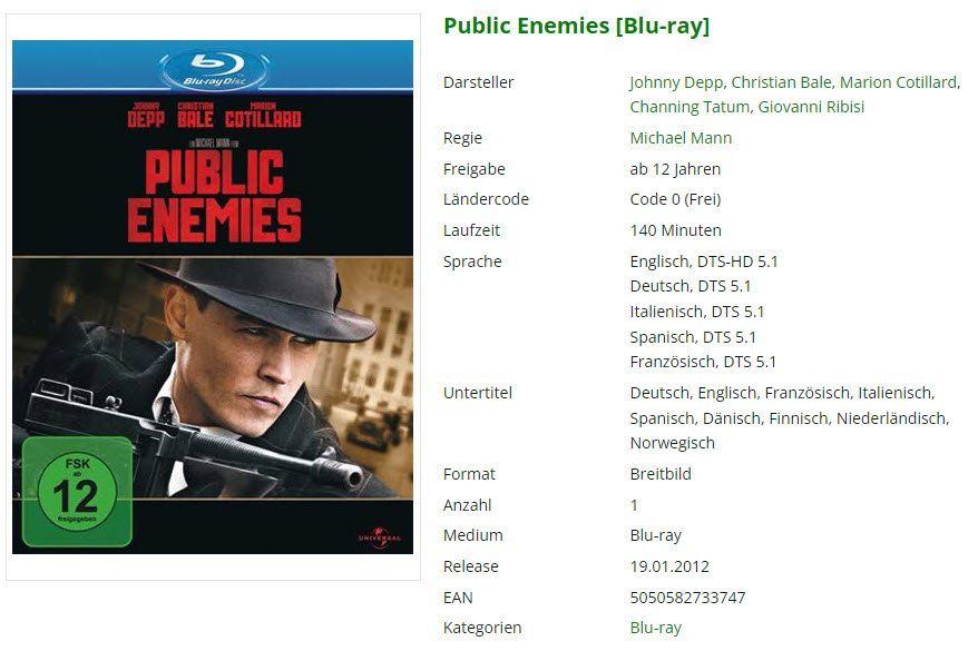 Tutti i DVDs: Public Enemies [Blu-ray] – Usato da Buchrain venduto da Sssschaller