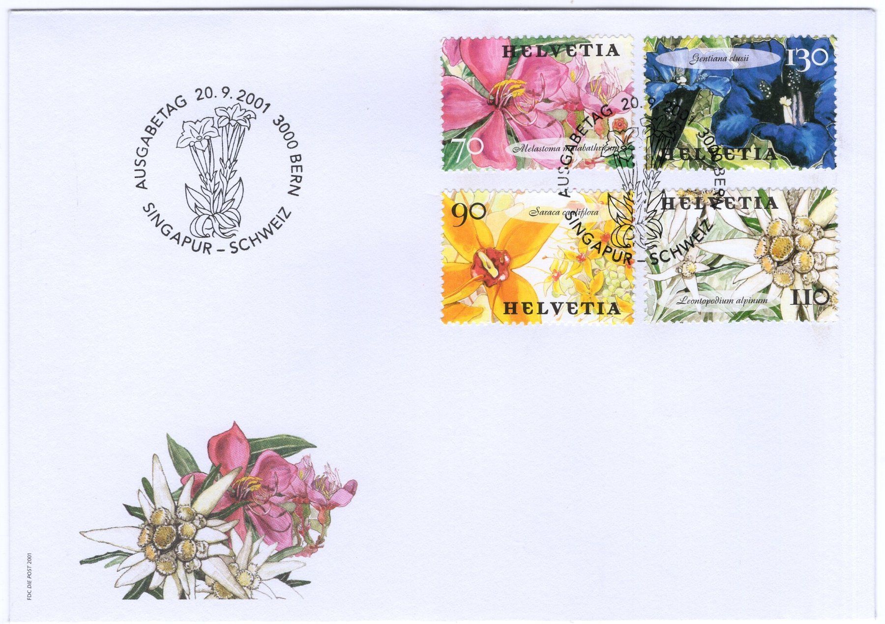 Tutti i francobolli: 2001 Blumen - Block Einzelmarken auf seltenem FDC – Usato da Eglisau venduto da Chperfins