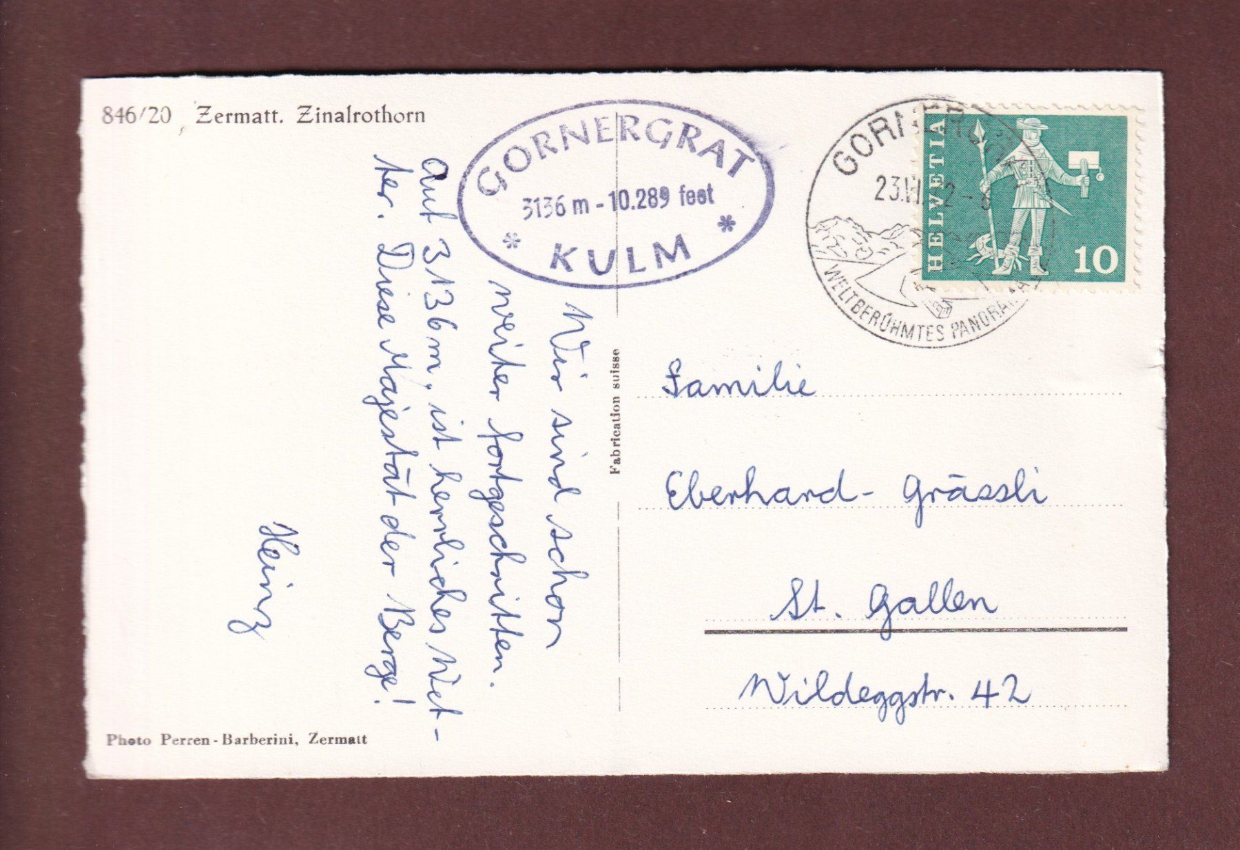 Cartoline postali: Zermatt - ZINALROTHORN - 1962 – Usato da Pully venduto da nicecards-shop 1