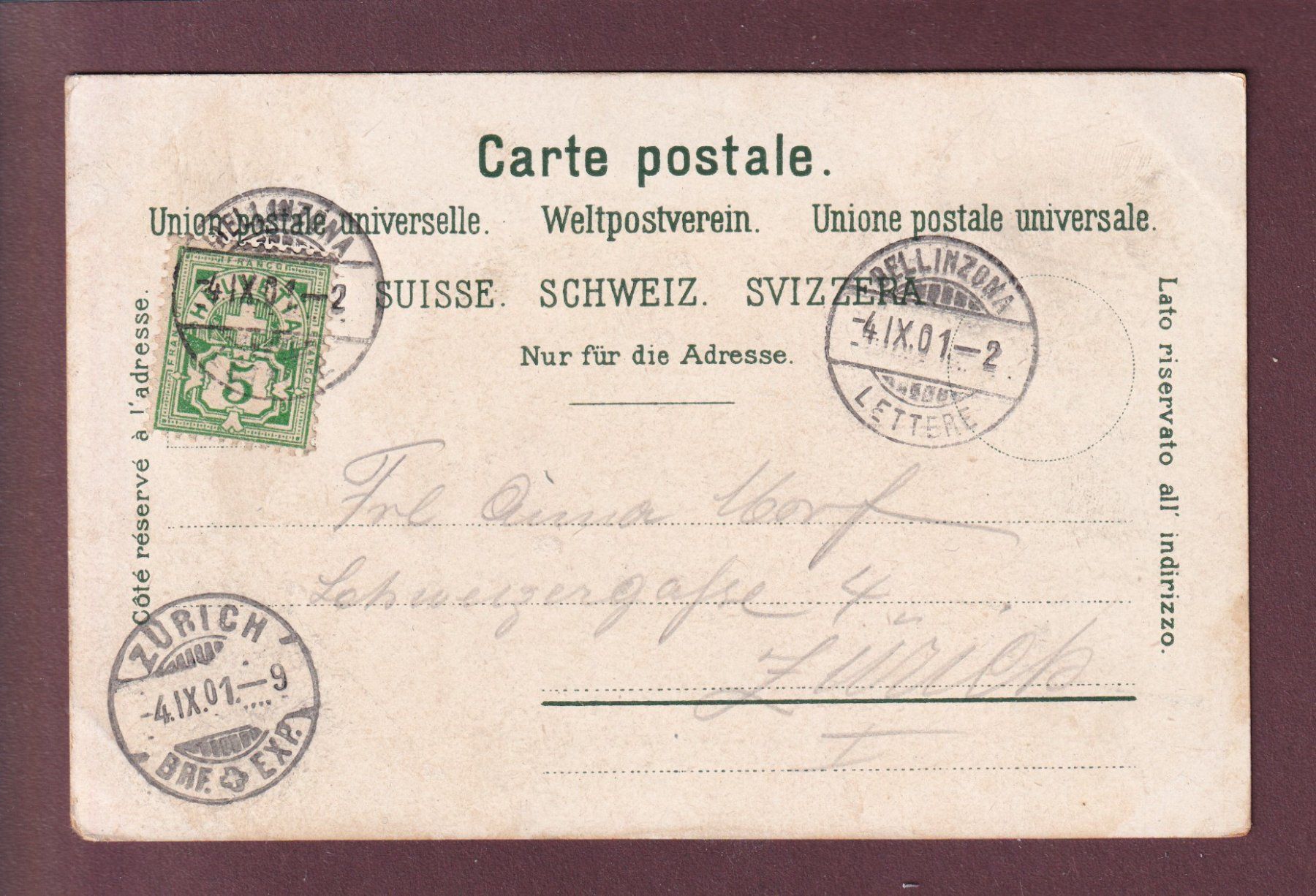 Cartoline postali: BELLINZONA - 1901 – Usato da Pully venduto da nicecards 1