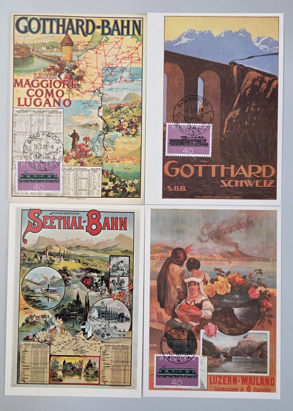 Cartoline postali: 3 Gotthard Eisenbahn -Plakat + 1 Seethalbahn Ansichtskarte – Usato da Luzern venduto da Kartenansicht