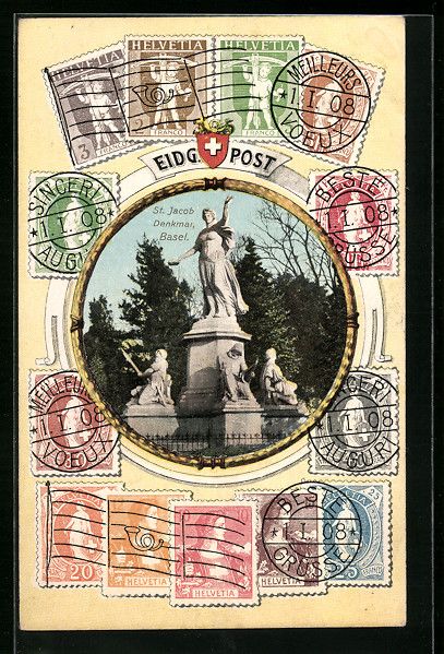 Ansichtskarten: Basel, St. Jacob Denkmal, Schweizerische – Gebraucht aus Berlin von bartko-reher