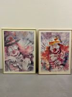 2er Set Kunstdrucke Clown Aquarell, gerahmt, Vintage Deko