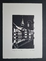 B.KOLLER HOLZSCHNITT SIGNIERT KIRCHGASSE IN WIL SG