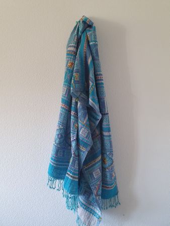 Baumwollschal, handgewebt, handbestickt, türkisblau