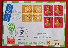 FLUGPOST BALLON MÜRREN PESTALOZZI SPENDE BULLE FRIBOURG 1973