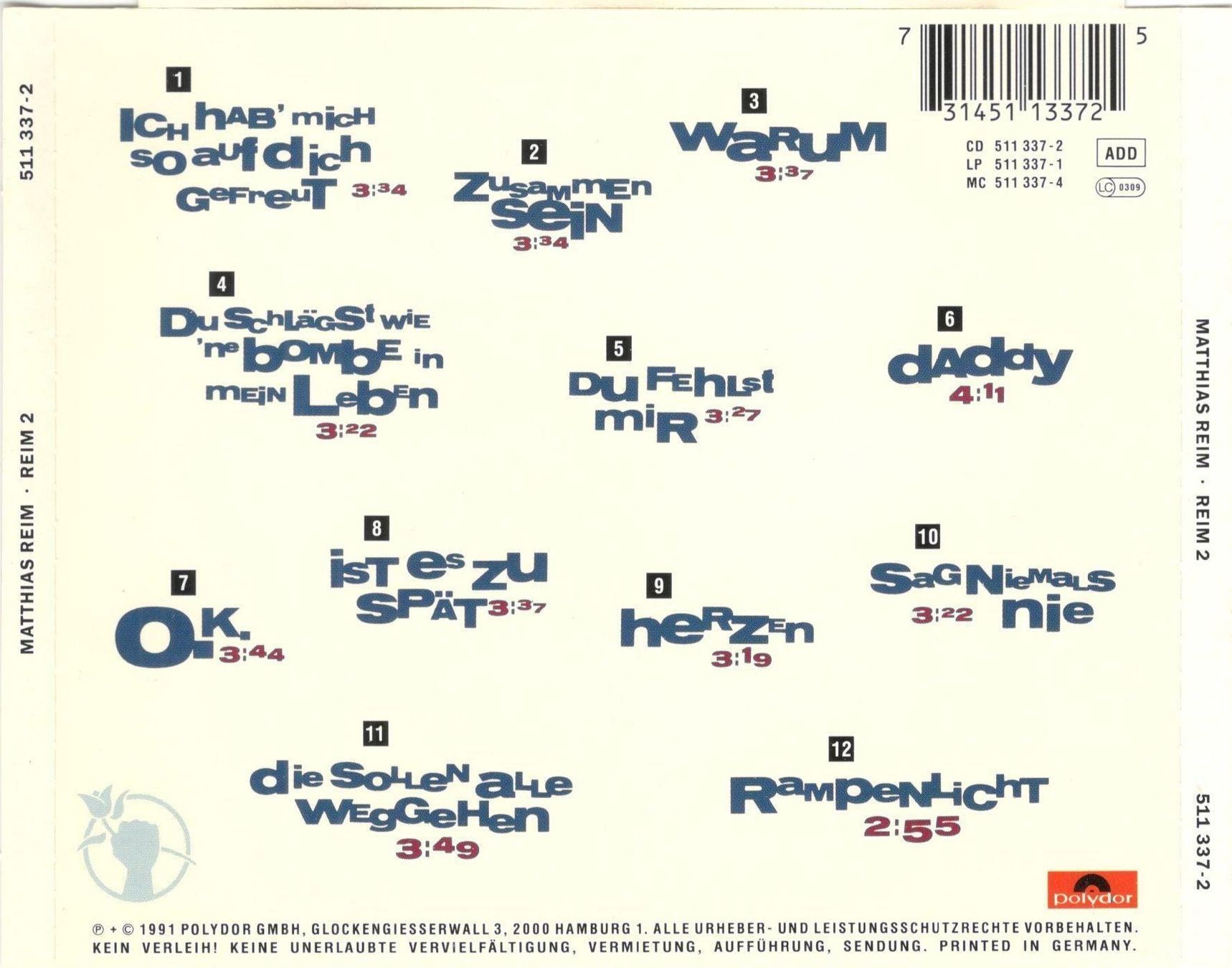 CD: Matthias Reim CD Reim 2 – Usato da St. Margarethen TG venduto da Smiley-Face 1