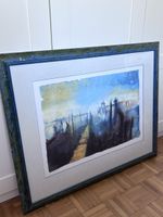 Aquarell Landschaft gerahmt blau Holzrahmen Gebrauchsspuren