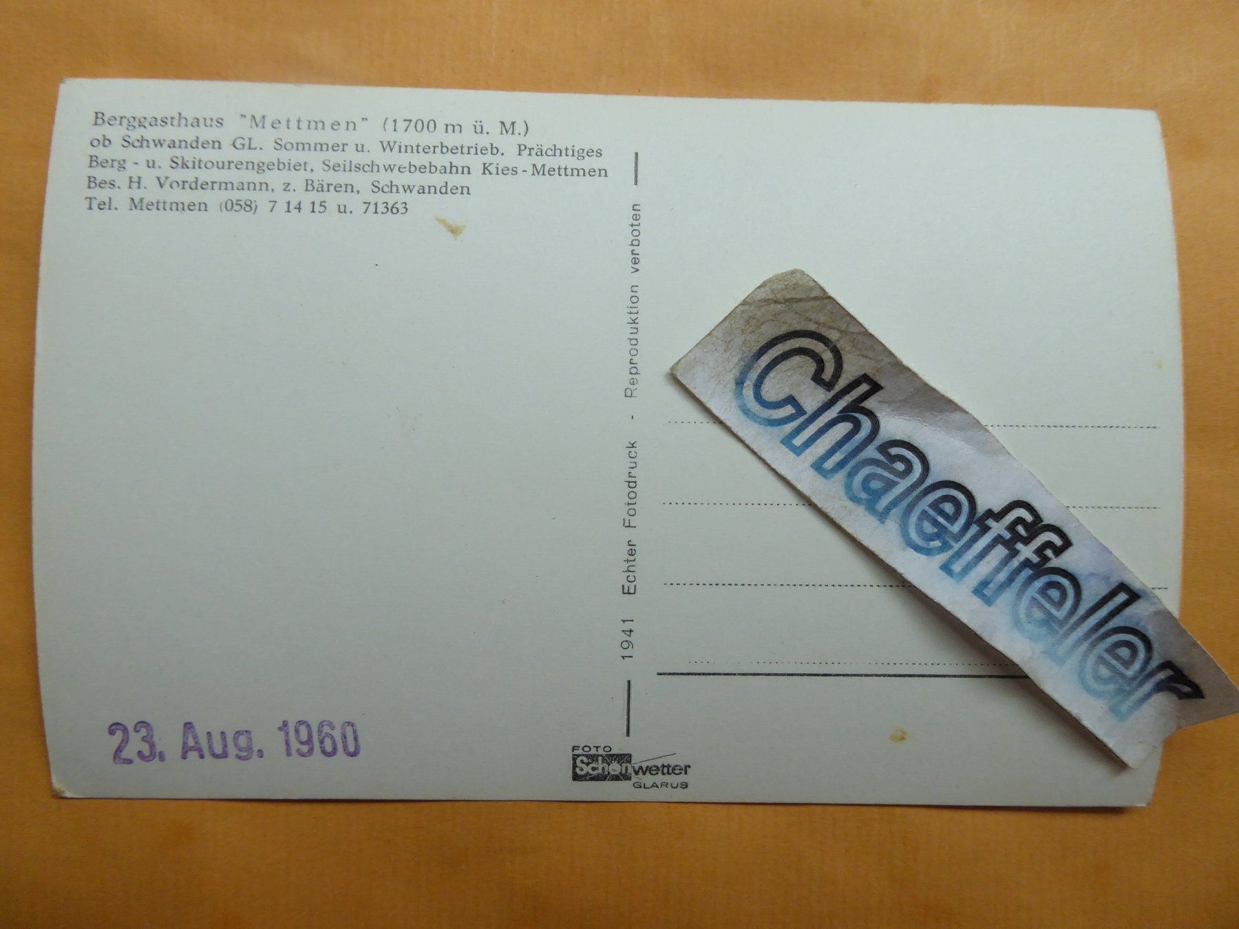 Cartoline postali: 1941 Berggasthaus Mettmen – Usato da Zürich venduto da Chaeffeler 1