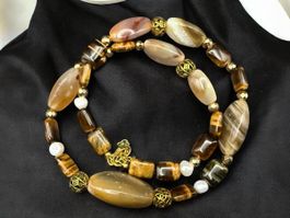 Unikat 💎 Kette Achat, Tigerauge, Hämatit, Süßwasserperlen
