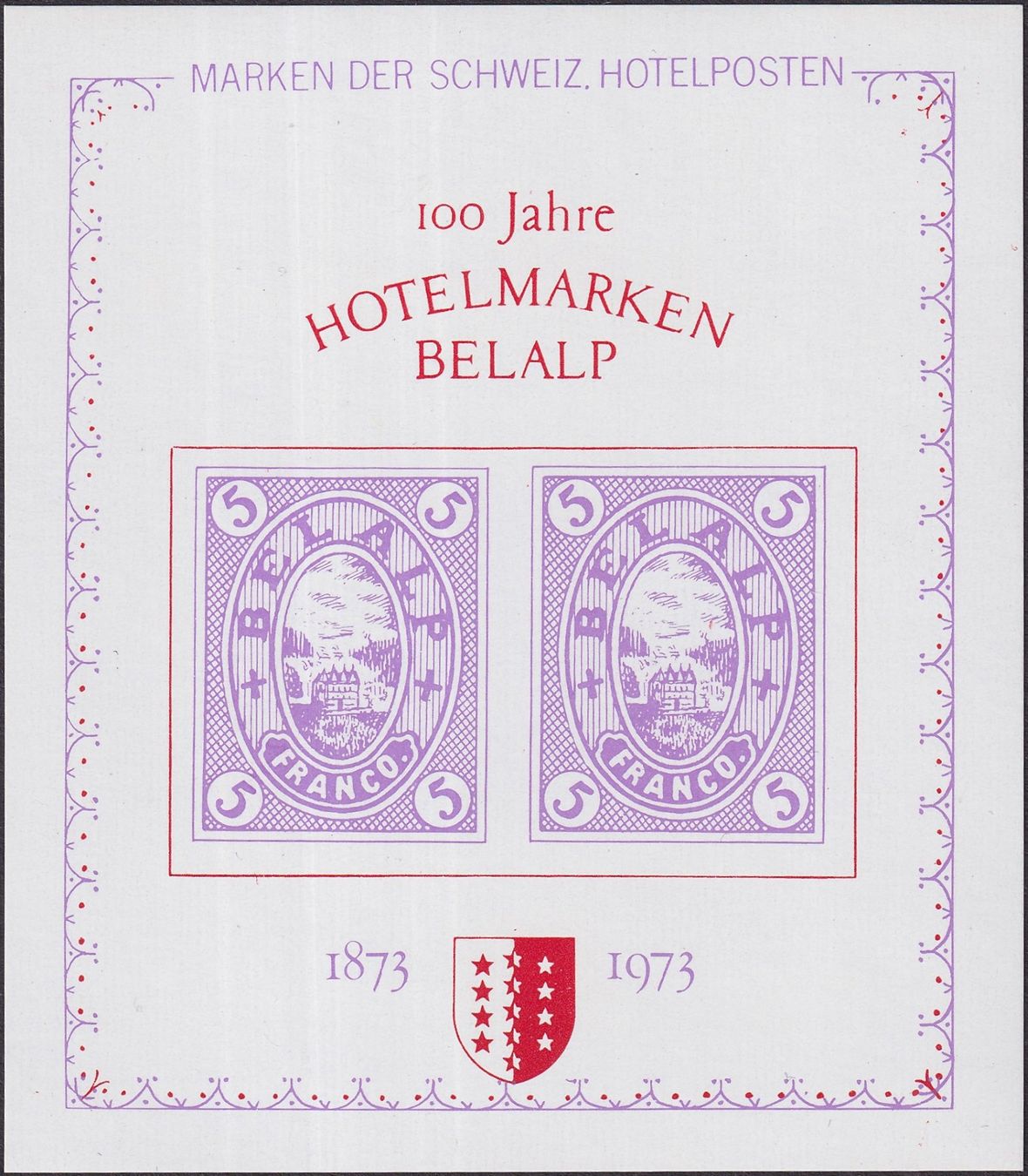 Tutti i francobolli: 1973, Block Hotelmarken Belalp postfrisch**. – Usato da Sursee venduto da Luzernerraute