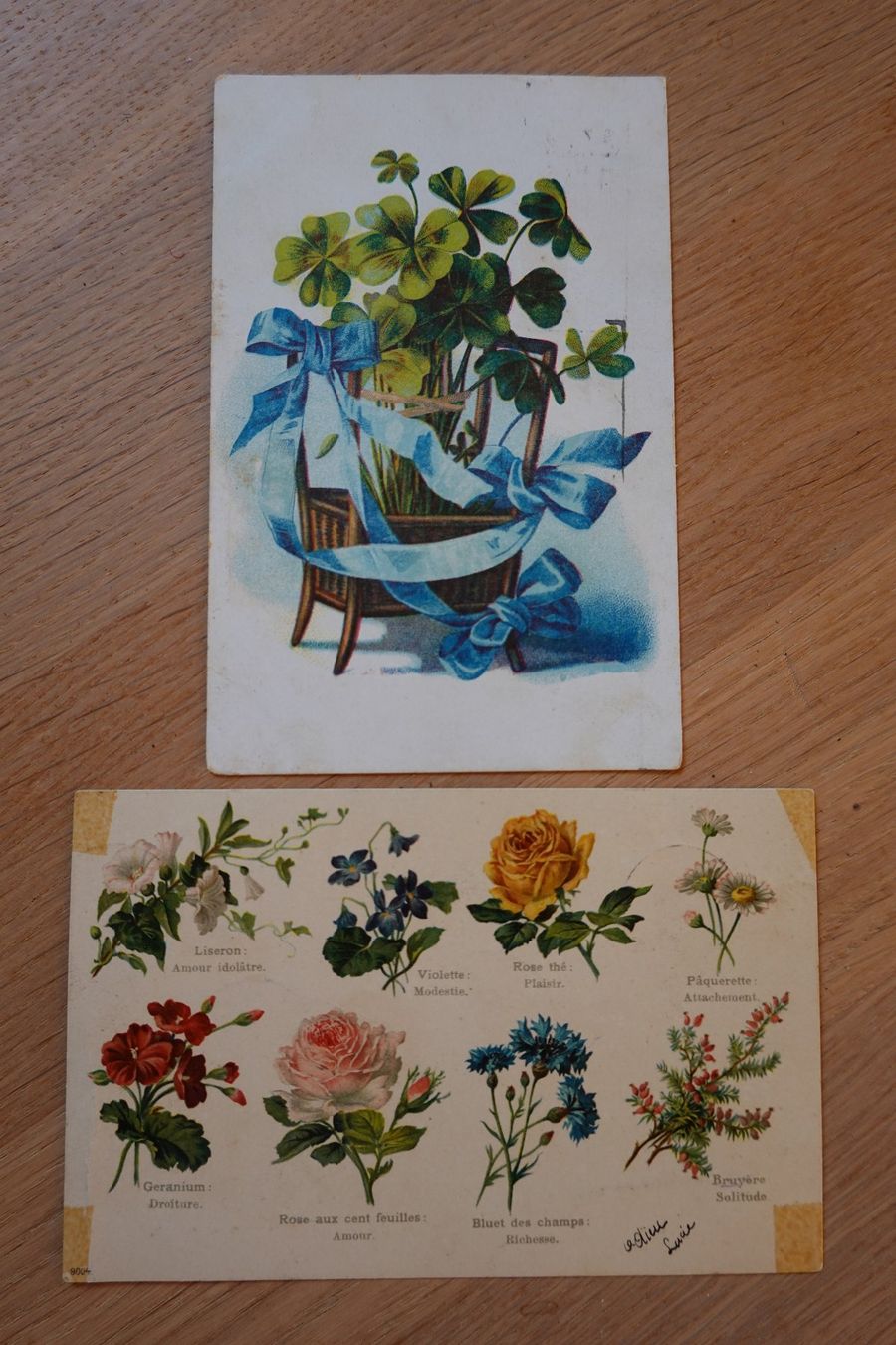 Ansichtskarten: 2 Ansichtskarten Blumenmotive Blumensprache Glücksklee – Gebraucht aus Jona von simongarden 1
