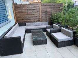 Garten Lounge Set Rattan Optik Schwarz mit Glas Tisch