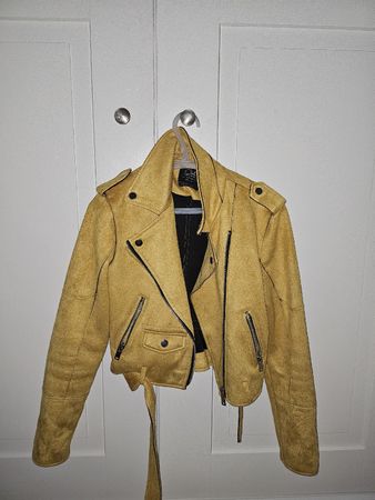 Biker Jacket Yellow Suede Look Zippers Size Small