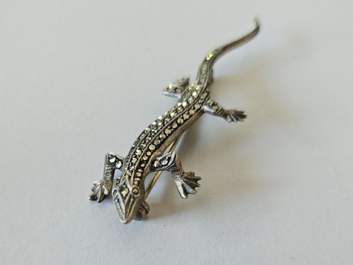 Spille & Fermagli: Vintage Silberbrosche 800 Gecko mit Markasiten, Echse – Usato da Urdorf venduto da Colina 3