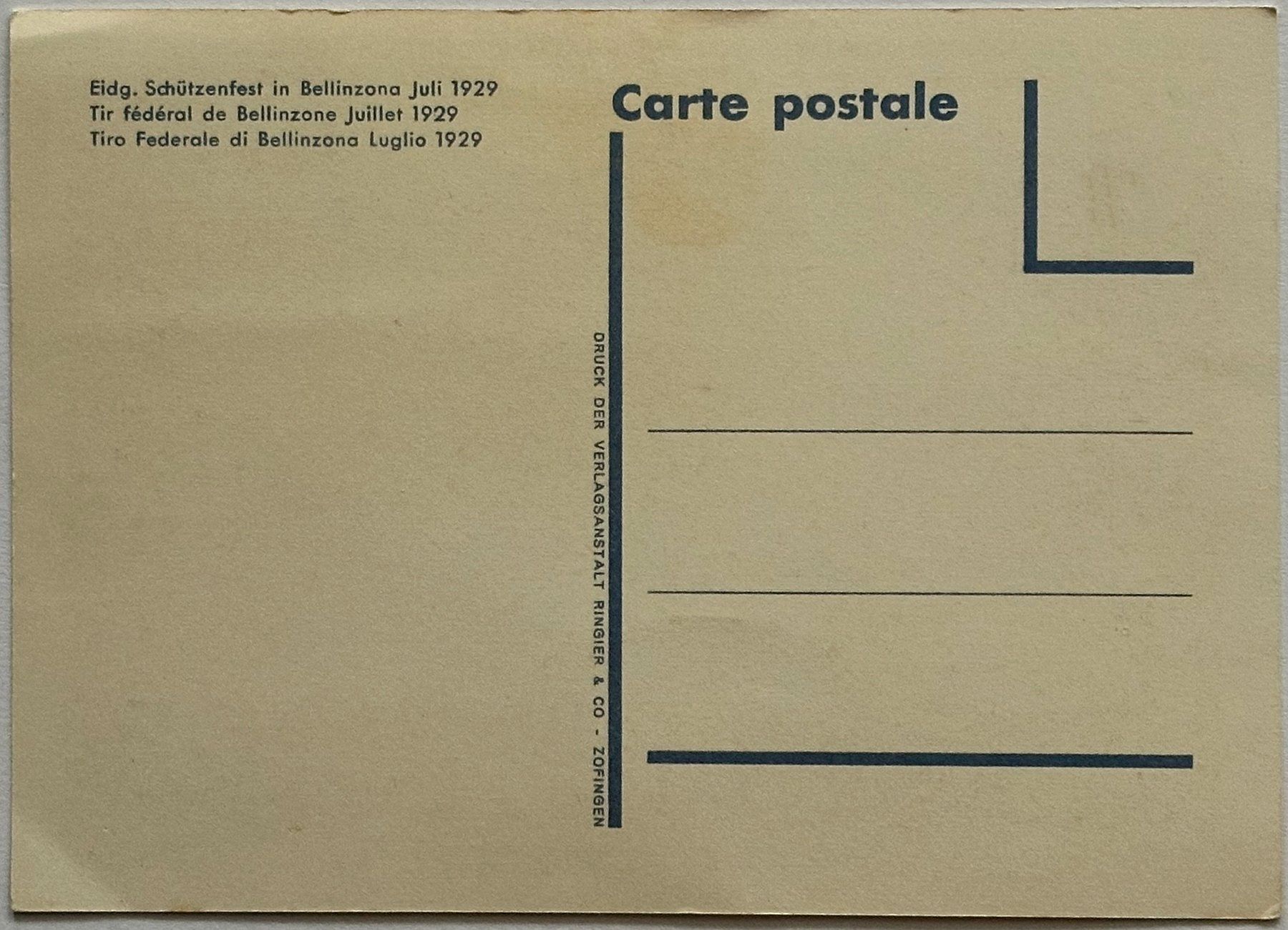 Cartoline postali: Schützenfest Bellinzona 1929 – Usato da Lützelflüh-Goldbach venduto da blauerkranich 1