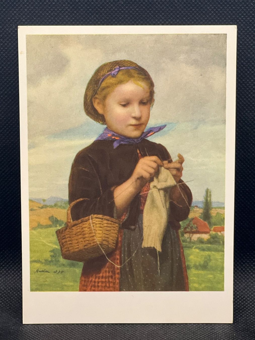 Cartoline postali: Ansichtskarten-Motiv: Strickendes Bernermädchen 1875/A.Anker – Usato da Widnau venduto da Brusi9