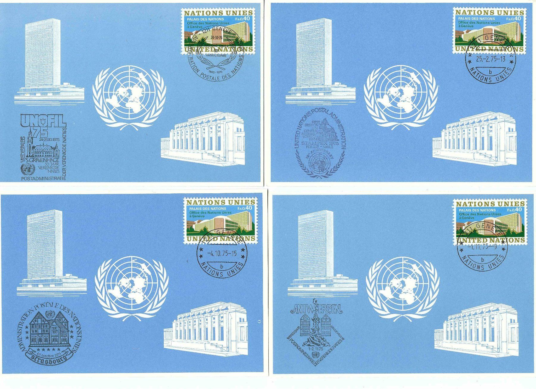 Alle Briefmarken: 8 Blaue Karten mit UNO-Cachets 1c – Gebraucht aus Aarau von fussball-fussball 1
