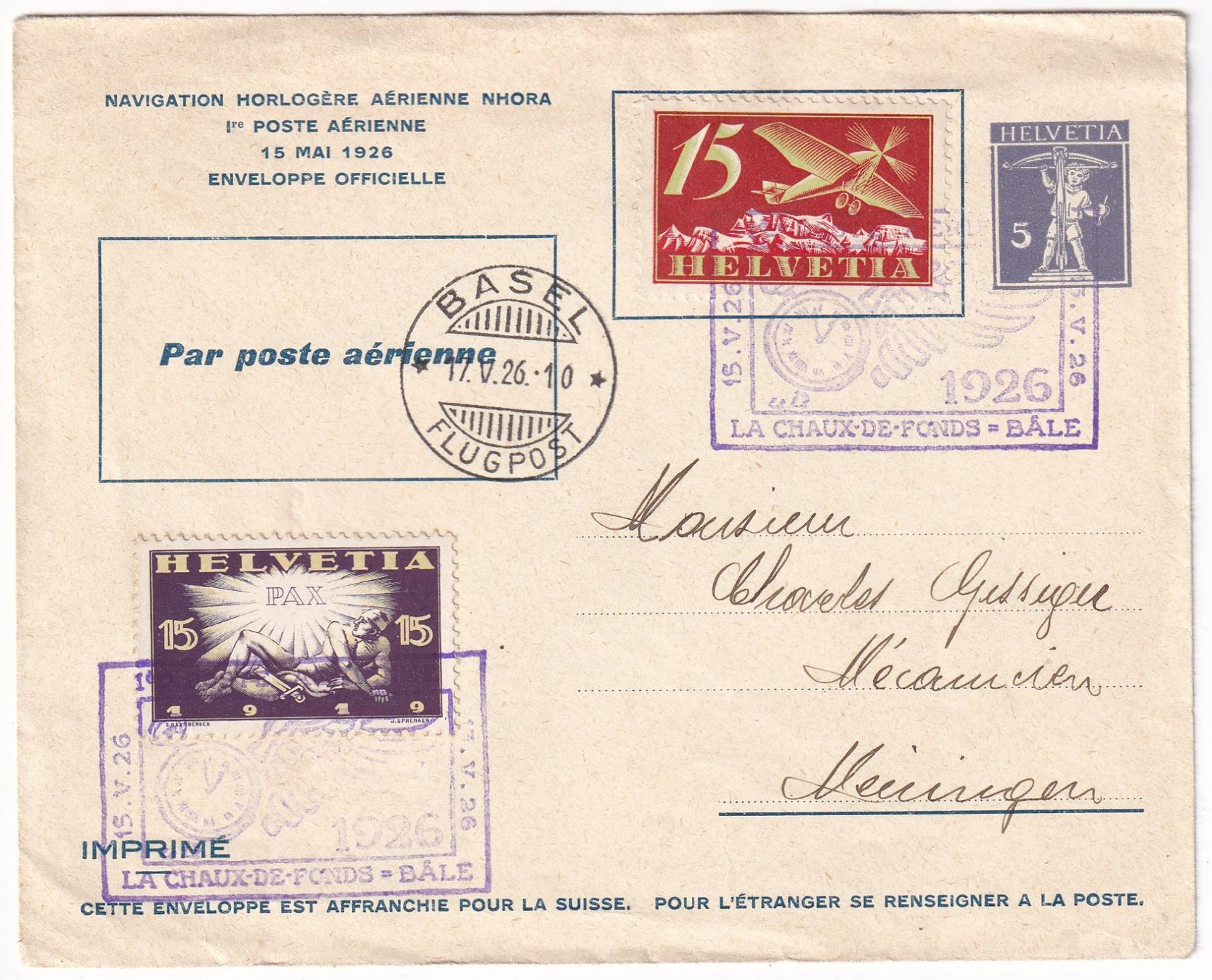 Tutti i francobolli: Flugpostbrief Sonderflug 1926 – Usato da Neuchâtel venduto da karlpierrino