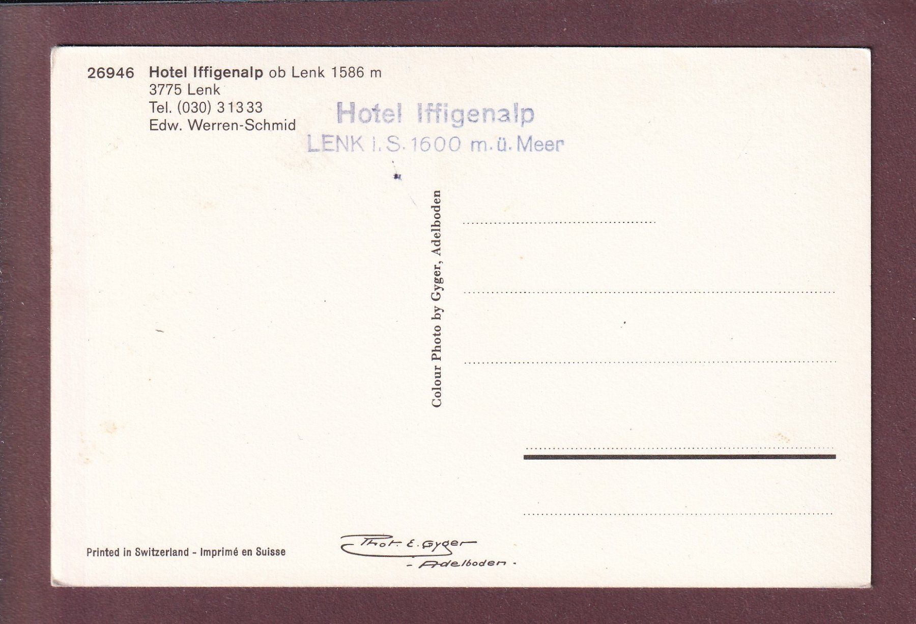 Cartoline postali: HOTEL IFFIGENALP ob Lenk - Edw. Werren-Schmid – Usato da Pully venduto da nicecards 1
