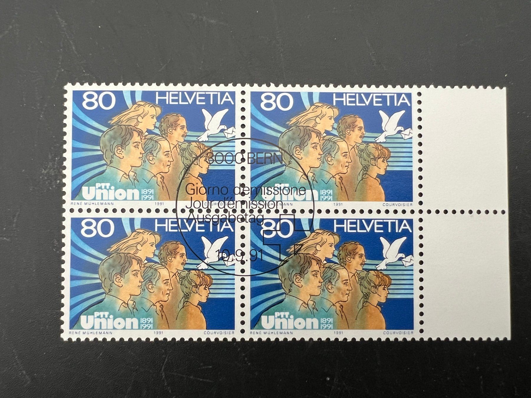 Tutti i francobolli: 1991  Erstag gest.Viererblock mit Tab (K58) – Usato da Hinwil venduto da Sidi4
