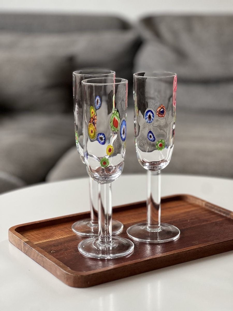 Murano Bicchieri: Set mit 3 Leonardo Millefiori Champagnergläsern – Usato da Uerikon venduto da Saffagirl 3