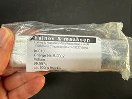 Indium Barren, >99,99%. 500g originalverpackt mit Zertifikat