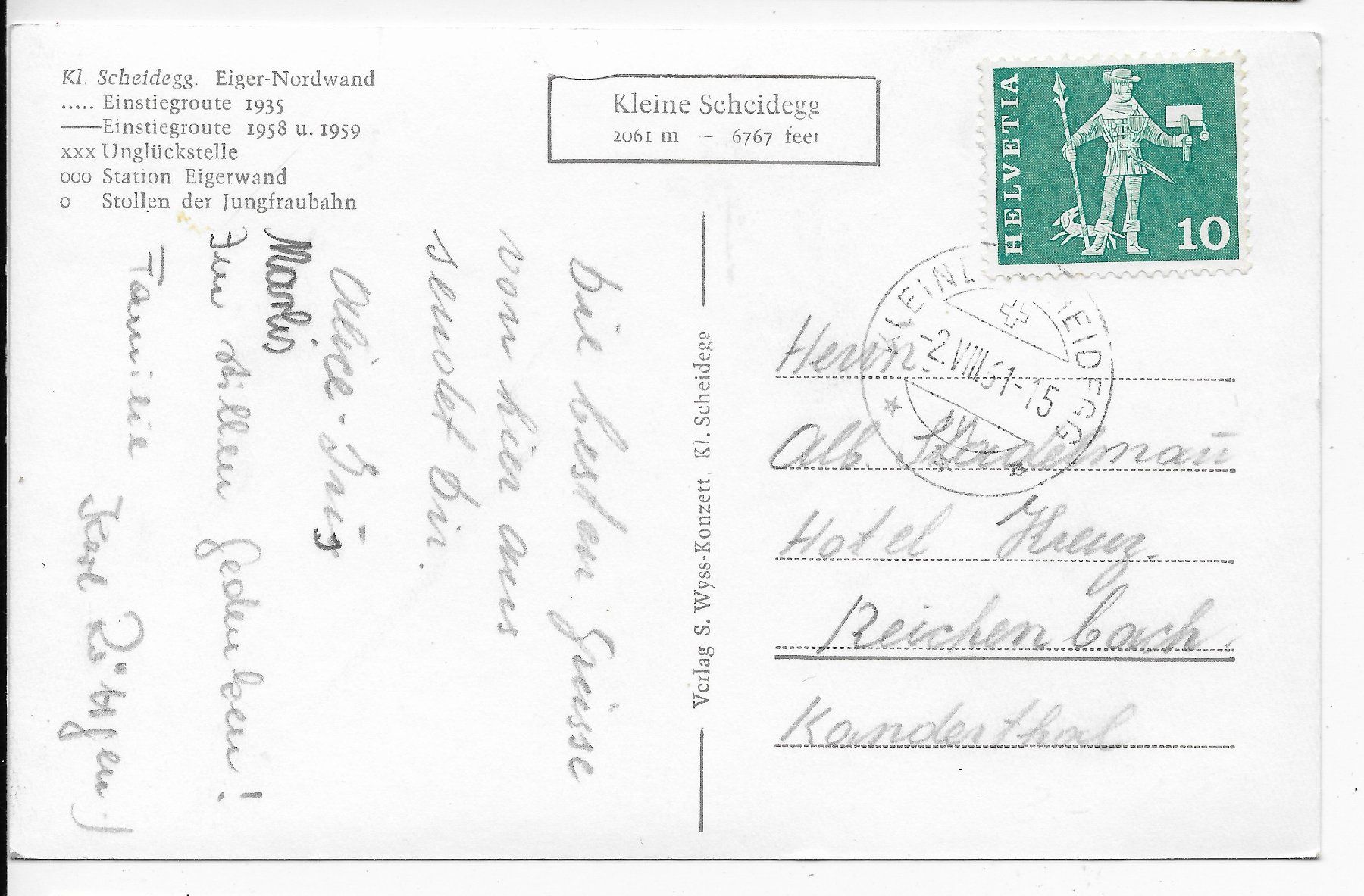 Ansichtskarten: Kleine Scheidegg mit Eiger-Nordwand um 1961 – Gebraucht aus Hefenhofen von Richsalz 1
