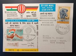 INDIEN BALLONPOST KARTE NACH DEUTSCHLAND 1963
