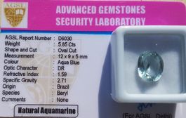 Aquamarin Beryll 5,85 ct Blau Oval AGSL Laborstein