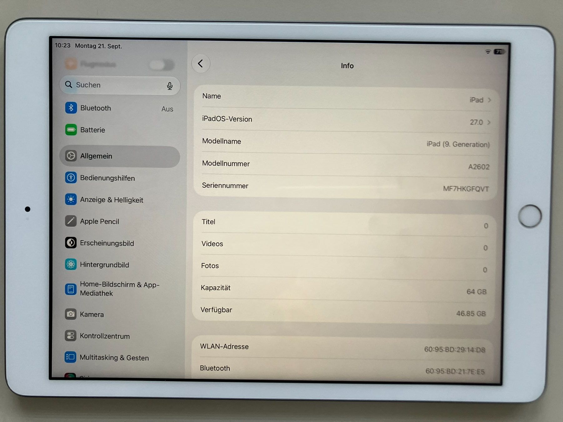 Apple Tablet PC: iPad 9. Generation WiFi / 64GB / Model A2602 – Usato da Meisterschwanden venduto da Discus0 1
