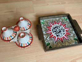 Tablett mit Dekorationsfliese & 3 Saucen/Gewürzschalen