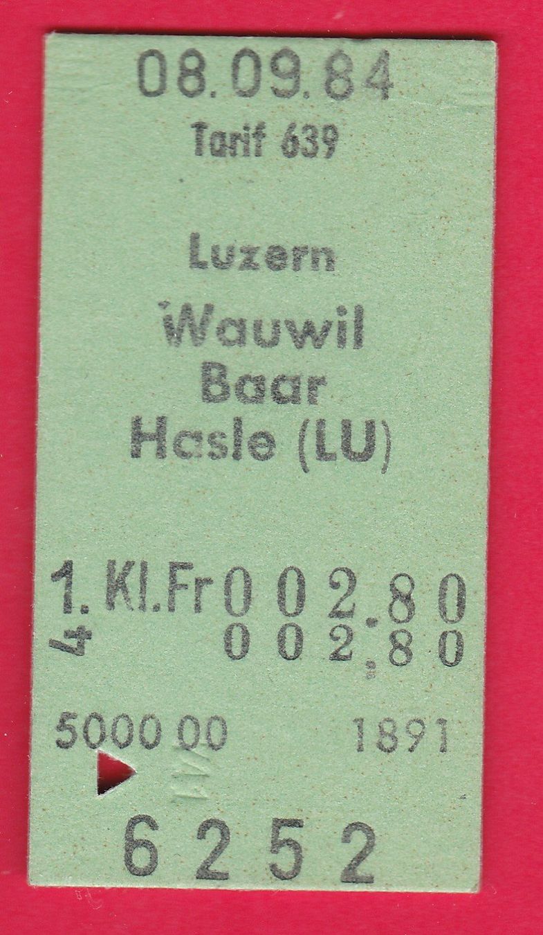 Tickets: SBB KARTON BILLETT, LUZERN-HASLE, EINFACH, 1.KLASSE, 1984 – Gebraucht aus Oberrieden von Gebirgsstelze