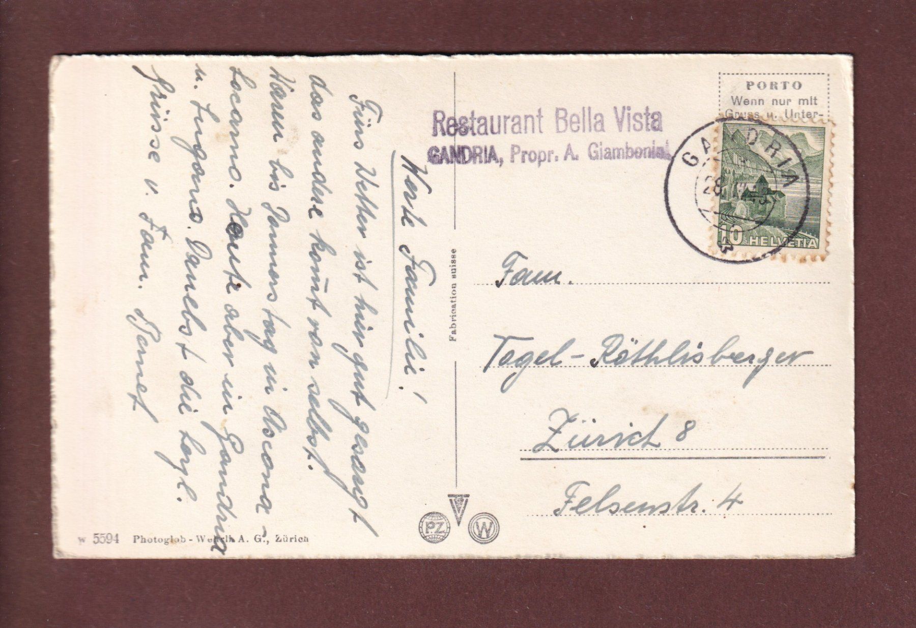 Cartoline postali: Strada di GANDRIA - Auto - 1948 – Usato da Pully venduto da nicecards 1