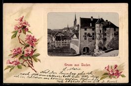 Passepartout-AK Baden, Ortsansicht mit Brücke, Turm und Kirc
