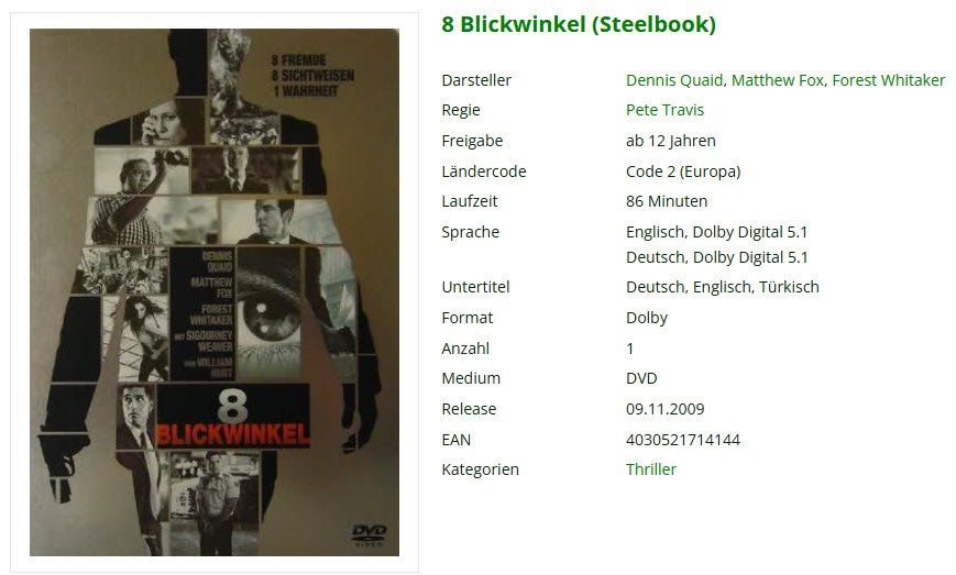 Tutti i DVDs: 8 Blickwinkel (Steelbook) - DVD – Usato da Buchrain venduto da Sssschaller