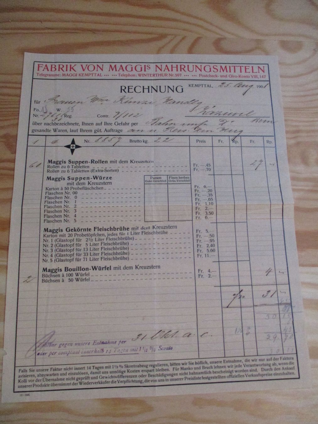 Documenti: Maggi Kempttal Rechnung 1908 2 Stk. – Usato da Felsberg venduto da sanwill 2