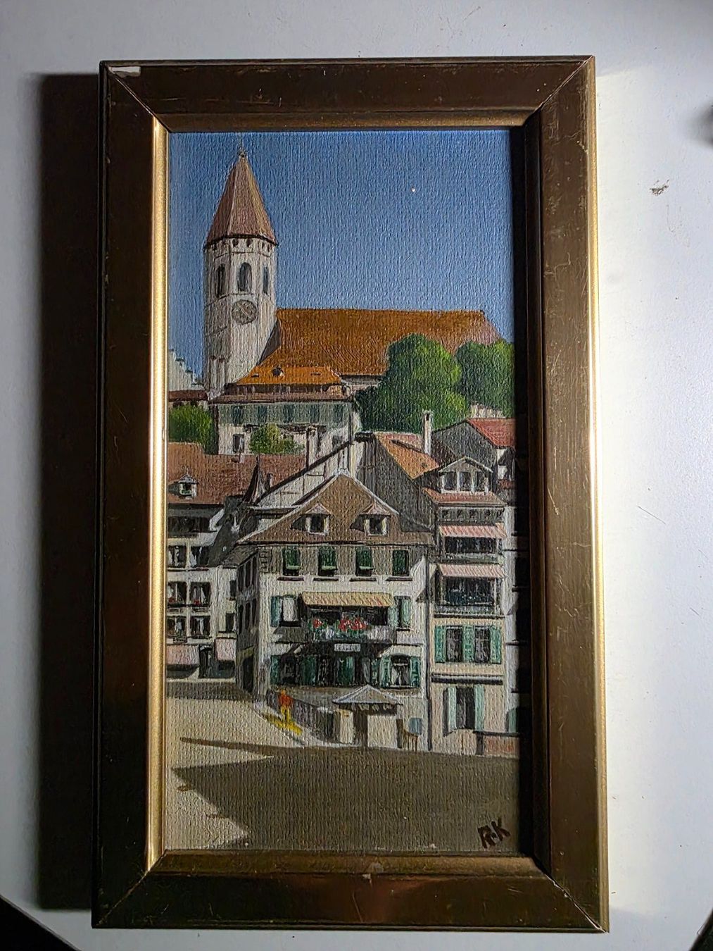 Dipinti: Bild Gemälde von R.K - Sinnebrücke und Stadtkirche Thun – Usato da Walterswil BE venduto da Lonitti