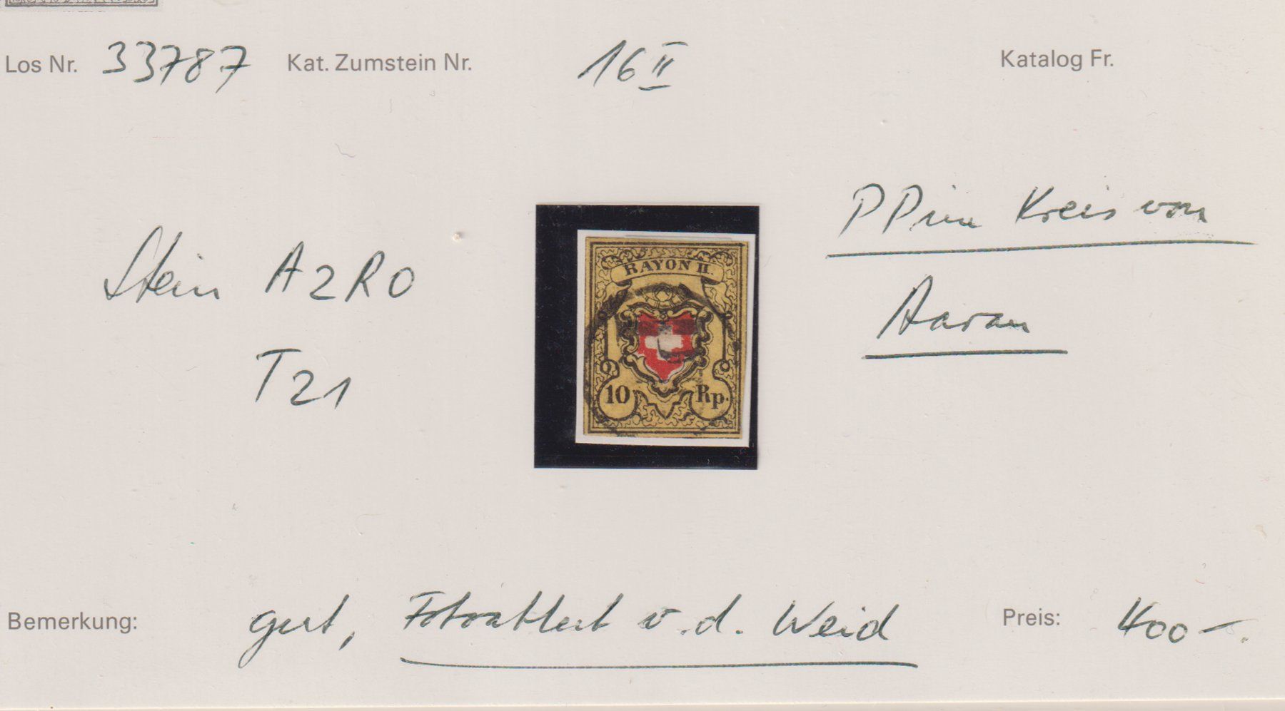 Tous les timbres: LUXUS Marke Attest v. d . Weid !! – D'occasion à Bibern SH par Heinibuehrer