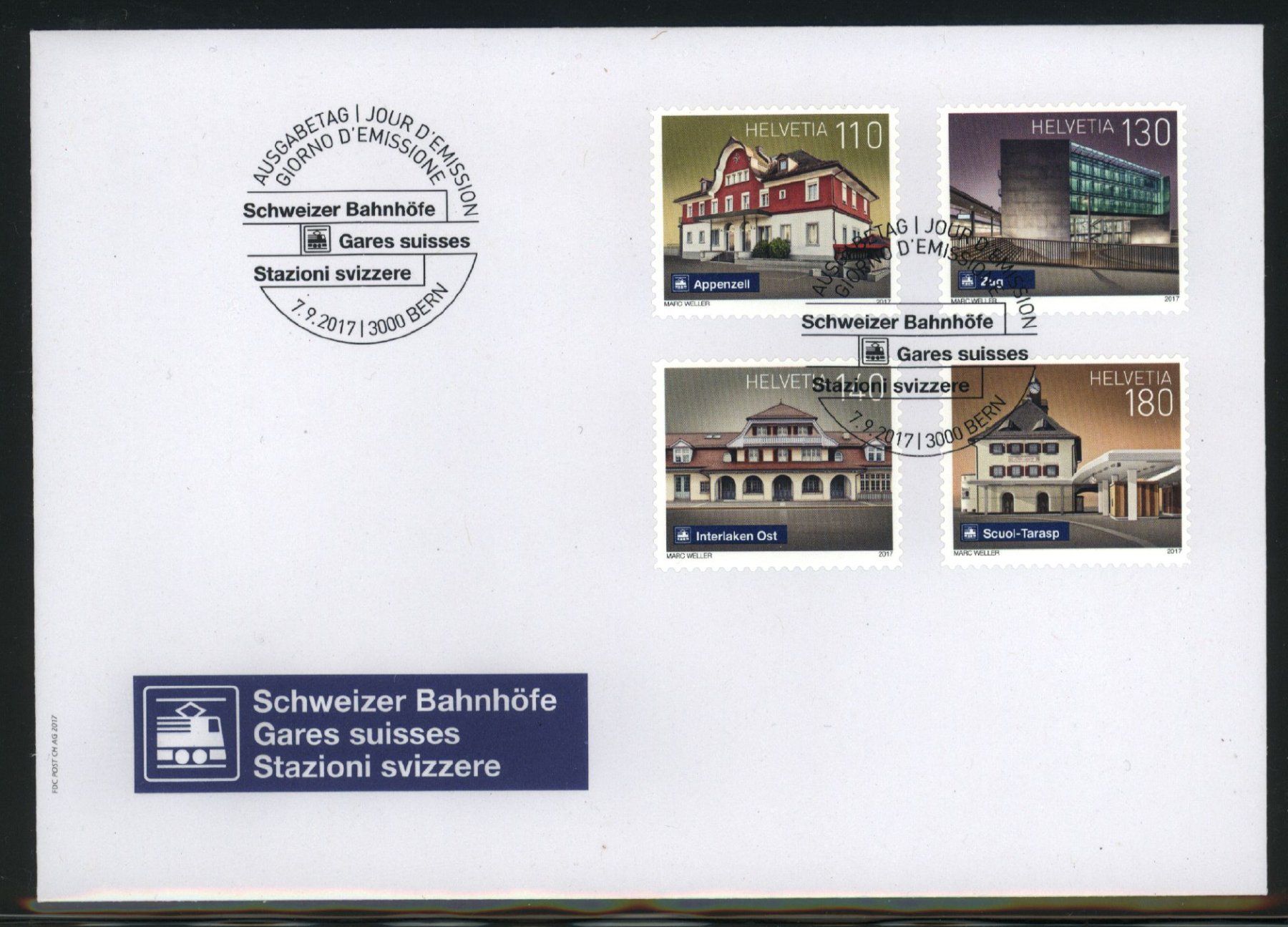 Tutti i francobolli: 2017, FDC, Dauermarken Schweizer Bahnhöfe (Nr. 1642-1645) – Usato da Willisau venduto da Vollstempel