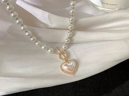 Perlenkette Perlen Kette mit Perlmutt Herz Anhänger NEU