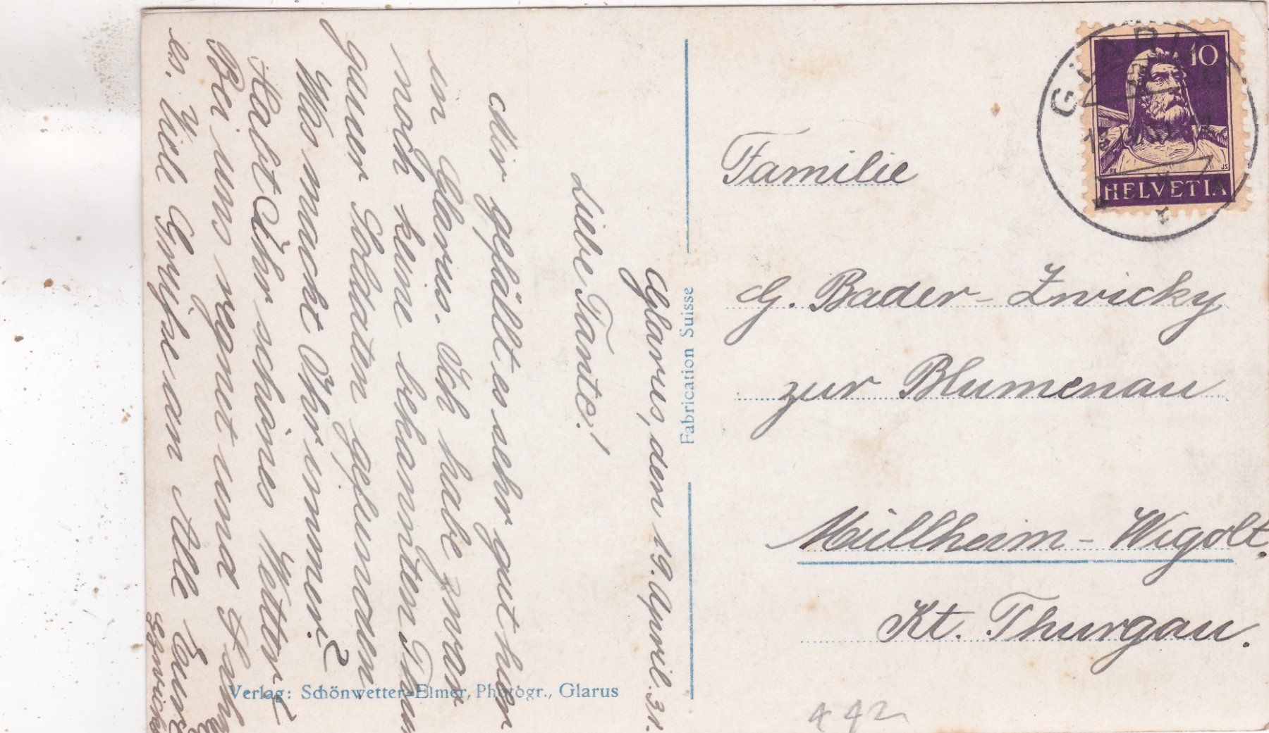 Cartoline postali: Glarus Bahnhof vom Volksgarten aus 1931 – Usato da Herisau venduto da Lisegrat2008 1