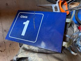 doppel emailschild gleis 1, mit halter 76/51cm, ausleger 85,