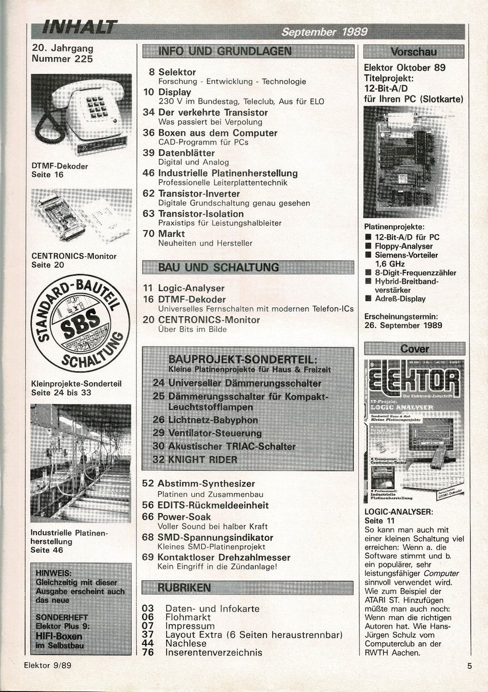 Riviste & Magazine: ELEKTOR Nr. 225 Sept. 1989 Logic Analyzer – Usato da Hinwil venduto da RomRay 1